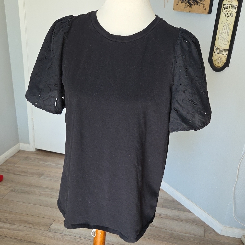 a new day Black Eyelet Puff Sleeve Tee - Short Sleeve XL